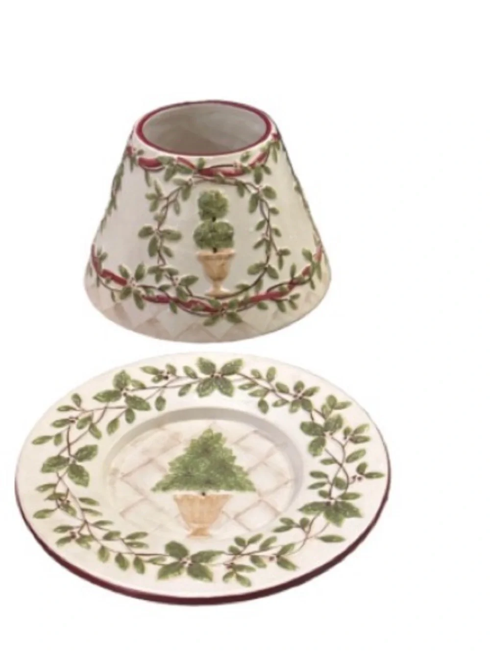 Yankee Candle holly leaf & topiary large candle Shade & Plate Set